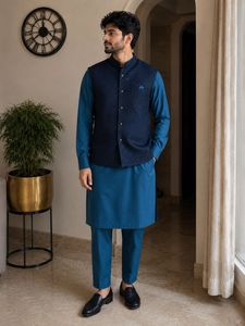 Teal Men’s Kurta Pyjama with Nehru Jacket Set