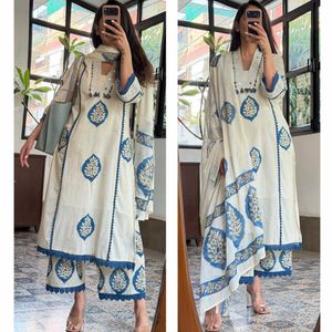 Elegant White & Blue Kurta Set with Dupatta