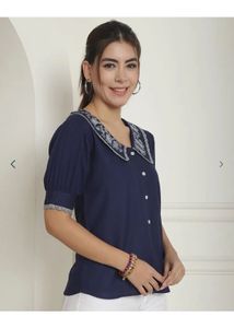 Embroidered Peter Pan Collar Navy Top