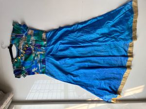 Blue Ethnic Gown with Printed Bodice