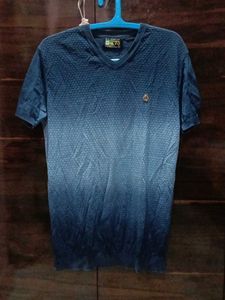 super strechable Blue Patterned V-Neck T-Shirt