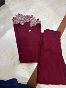 Maroon Kurta Set with White Embroidery