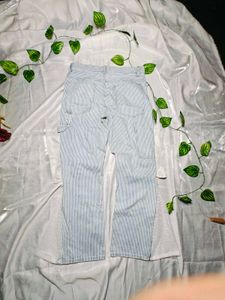 Women’s Blue White Striped Wide Leg Lace Jeans