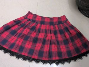 Punk/Grunge Red Plaid Skirt with Black Lace Trim