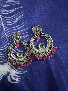 Silver Tone &amp; Pink Beaded Drop Earrings