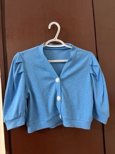 Blue Puff Sleeve Cropped Cardigan