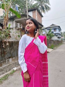 Vibrant Pink Striped pure cotton khadi Saree