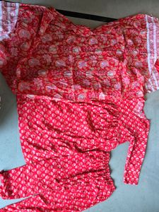 Red Floral Kurta Set with Pants and dupatta
