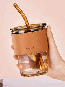 slub glass cup Tumbler with Leather Sleeve