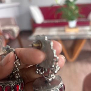 Red &amp; Silver Jhumka Earrings