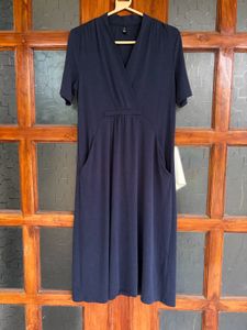 Navy Blue Midi Wrap Dress with Pockets