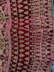 Exquisite Red Velvet Lehenga with Golden Embroider