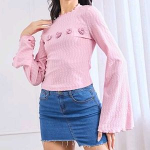 Pink Bell Sleeve Top with Rose Detail