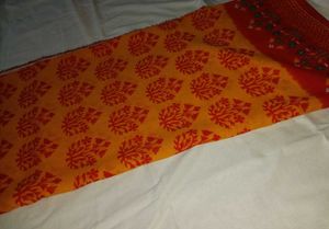 Vibrant Orange and Yellow Block Print saree