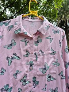 Pink Butterfly Print Button-Up Shirt