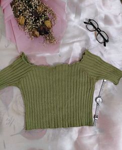 Green Ribbed Off-Shoulder Top