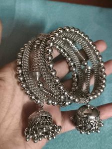 Silver Toned Oxidised Jhumka Bracelet