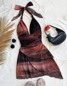 Abstract print halterneck mini dress