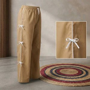 Khaki Wide-Leg Pants with Bow Details