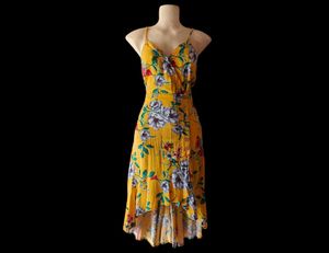 Yellow Floral Midi Dress with Tie-Front