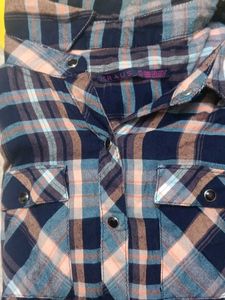 Women’s Navy Blue &amp; Peach Plaid Checkered Full-Sle