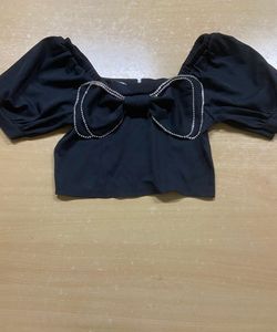 Black Puff Sleeve Top with Rhinestone Bow