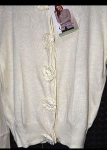 Cream Cropped Cardigan with Flower Buttons
