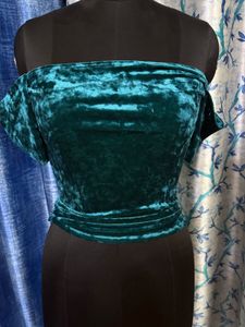 Elegant Teal Velvet Top &amp; Green Skirt Set