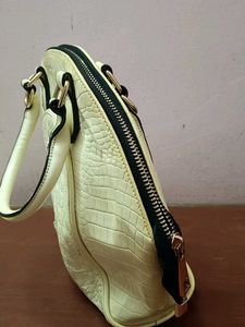 Cream Croc-Textured Dome Satchel Handbag