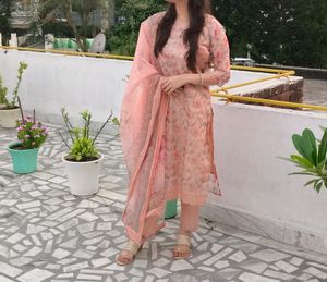 Peach Heavily Embellished Organza Suit Set
