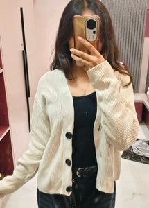 Cream Ribbed Button-Up Cardigan