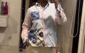 Pink &amp; Blue Striped Oversized Casual Shirt with Em