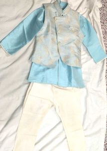 Boys' Blue Kurta Set with Embroidered Jacket