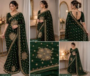 Dark Green Georgette Saree with Embroidery