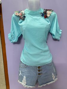 Blue Embellished Cold Shoulder Top
