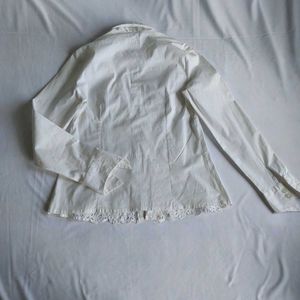 Elegant White Button-Down Shirt with Lace D