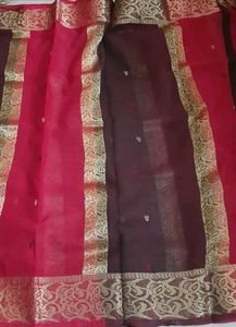 Elegant Gold &amp; Red &amp; Brown Cotton  Benarasi Sari