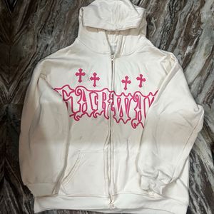 Cream Graphic Zip-Up Hoodie( no negotiations)