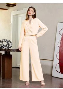 Chic Peach Cropped Blazer & Wide-Leg Pant Set
