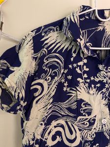 Blue Cropped Crane Print Shirt