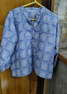 Blue Printed Mandarin Collar Cotton Top