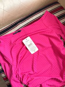 SHEIN Pink blue Ribbed Long Sleeve Top