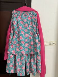 Sky blue &Pink  Floral Kurta Set with Dupatta