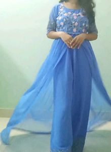 Blue Floral Embroidered Ethnic Gown with Bottom