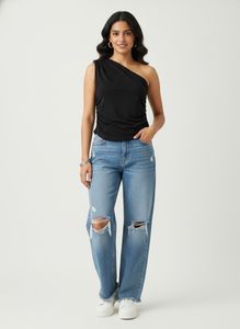 black shoulder drop fitted top