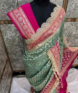 Elegant Teal & Pink Embroidered Saree