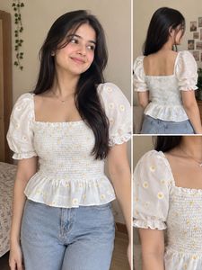White Smocked Peplum Top with Daisy Print