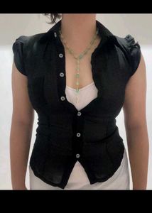 Chic Black Cap Sleeve Button-Up Top