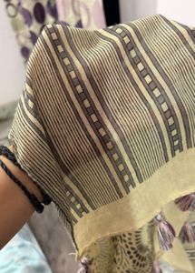 Beige &amp; Black Printed Cotton Scarf with Tassels