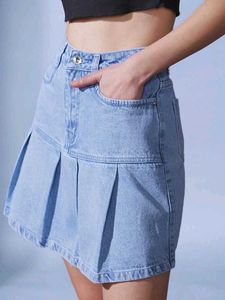 Savana Street9 Light Wash Denim Pleated Mini Skirt